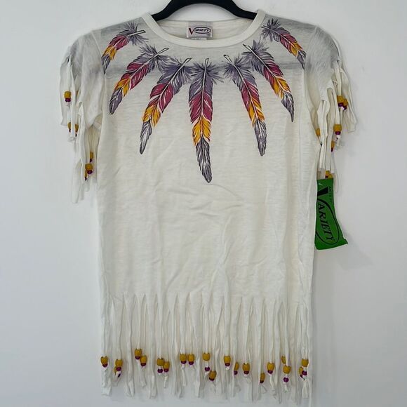 VINTAGE FEATHER PRINT BEADED TOP SMALL - Picture 1 of 9